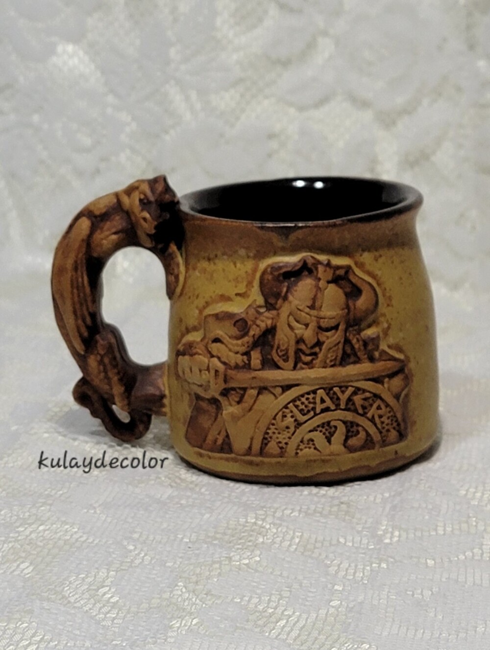 Stoneware Pottery Dragon Handle Beer Stein Mug Medieval Relief Dragon Slayer Cup